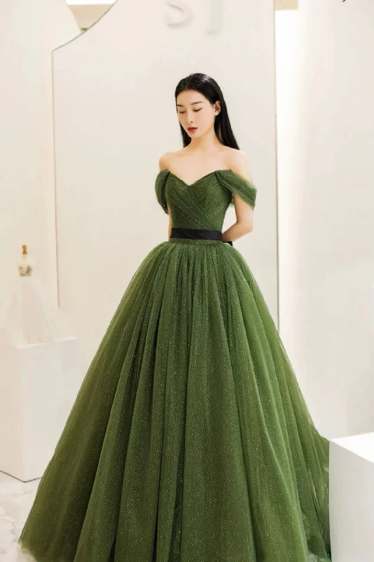 Daily Specials Green Tulle Floor Length Prom Dress, Beautiful Off the Shoulder Evening Party Dress Daily Specials Green Tulle Floor Length Prom Dress, Beautiful Off the Shoulder Evening Party Dress