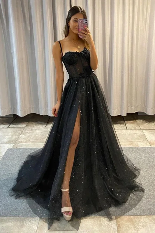 Weekend Deal Black Spaghetti Strap Tulle Lace Long Prom Dress, Black A-Line Evening Dress