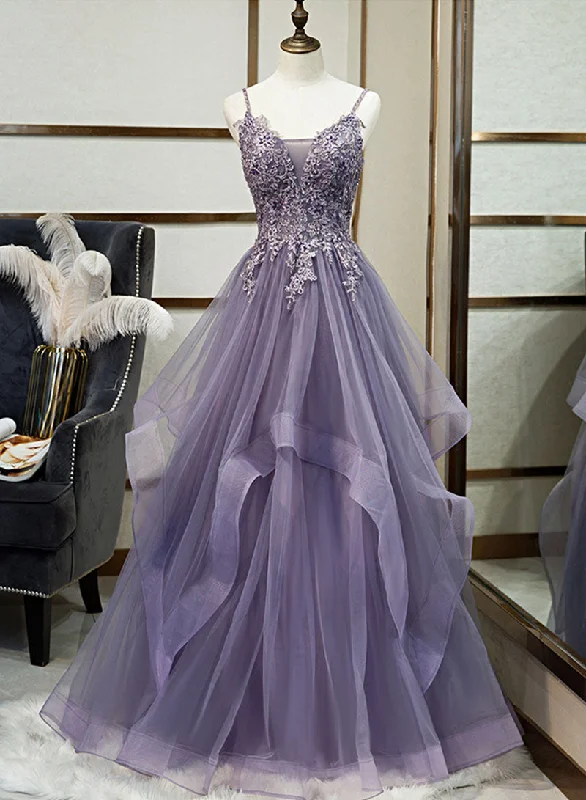 Factory Direct Sale Purple Spaghetti Strap Tulle Lace Long Prom Dress, Purple Evening Party Dress