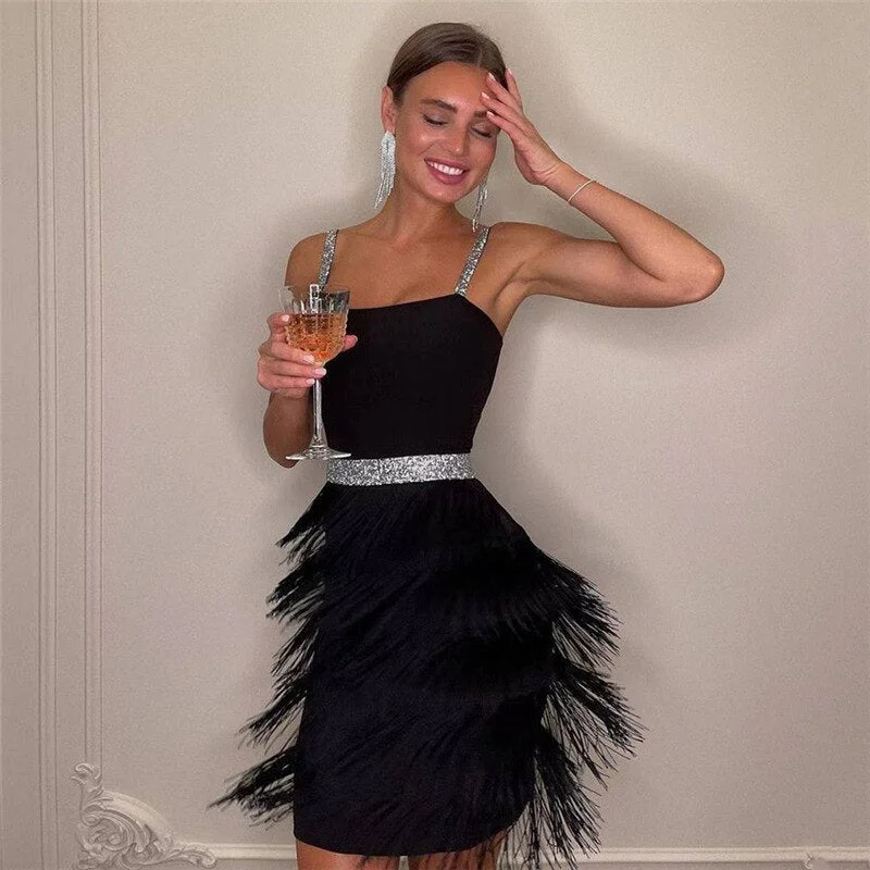 Big Discounts elegant dressBerriesJam - 2024 Spaghetti Strap Backless Mini Bodycon Tassel Dress