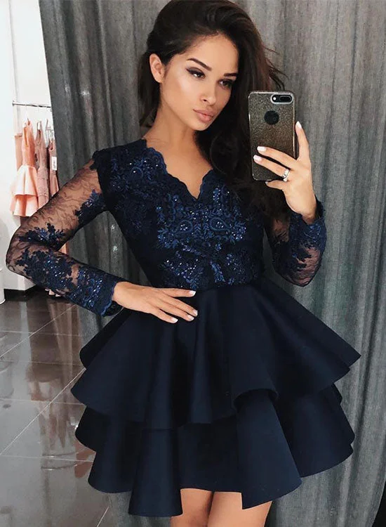 Clearance Sale Dark Blue Lace Long Sleeve Prom Dress, Cute V-Neck Short Party Dress