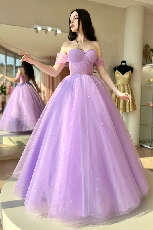 Deal Mania Purple Sweetheart Neck Tulle Long Prom Dress, A-Line Off Shoulder Evening Dress
