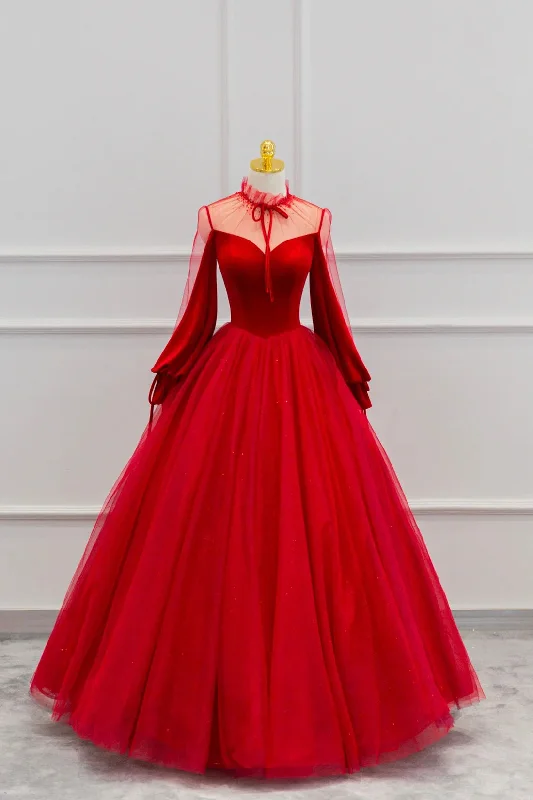 Limited Availability Red Velvet Tulle Long Prom Dress, Long Sleeve Evening Party Dress Limited Availability Red Velvet Tulle Long Prom Dress, Long Sleeve Evening Party Dress