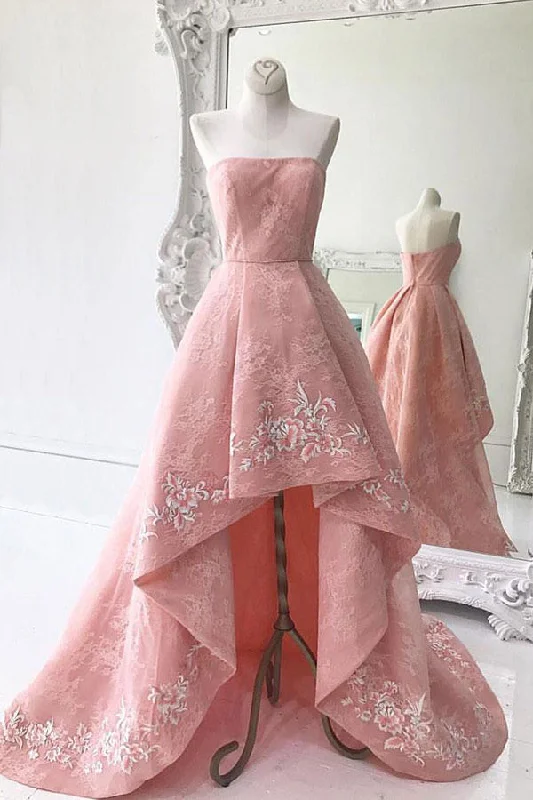 Savings Spectacular Charming Modest Pink A Line High Low Strapless Zipper Back Prom Dresses