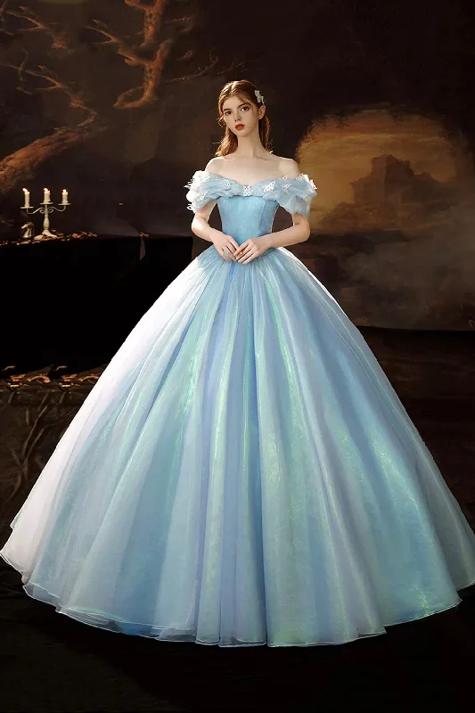 Price Rollback Blue Tulle Long Princess Dress Sweet 16 Dress, Off the Shoulder A-Line Evening Party Dress