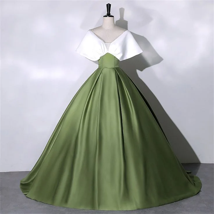 White+Green Satin Prom Dress Elegant Quinceanera Dress Floor Length Green Dress Evening Dress Girls Princess Dress Y4598