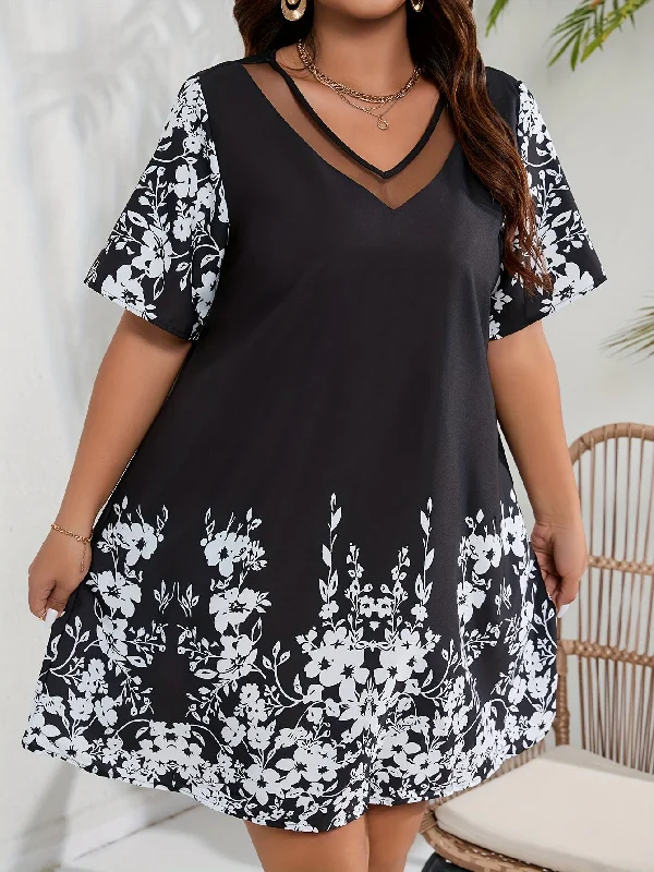 Bargain Prices Colorblock Floral Print Mesh Dress with Short Sleeves and V-Neck - Perfect for Casual Occasions