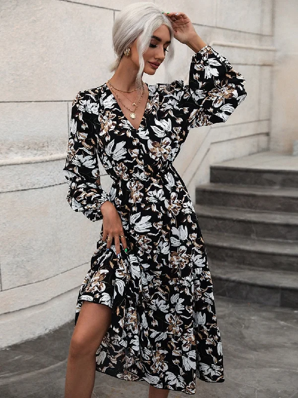 BerriesJam - Puff Sleeve Swing Floral Printed Midi Dress