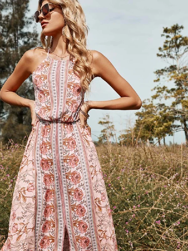 BerriesJam - Casual Pink Sling Print Sexy O-neck High-waist Backless Dress