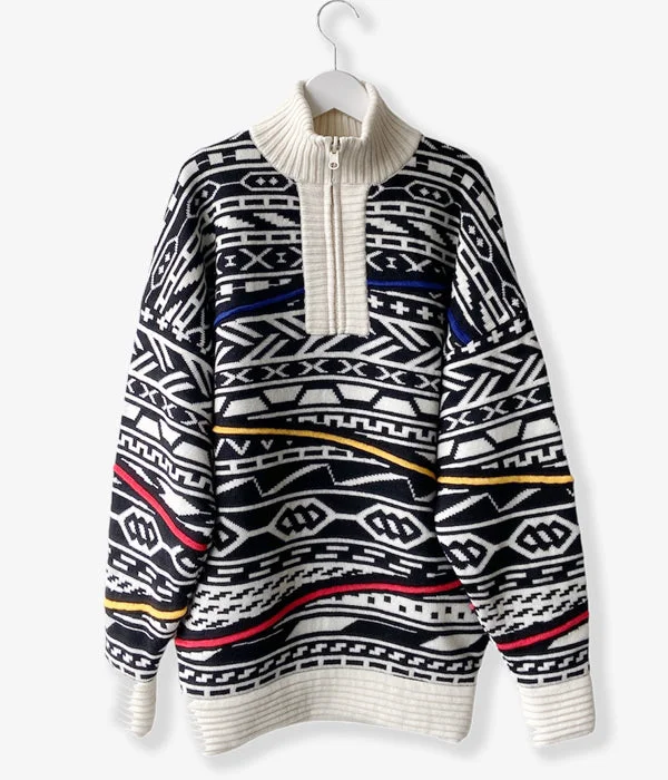 Huge Discounts long-sleeve coatFUMIKA_UCHIDA/JACQUARD KNITTED OVERSIZED REVERSIBLE HALF ZIP JUMPER(BLACK×WHITE PATTERN/PATTERNED BEIGE)
