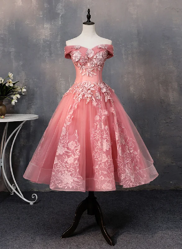 The Best Prices Pink Tulle Lace Short Prom Dress, Off the Shoulder Evening Party Dress