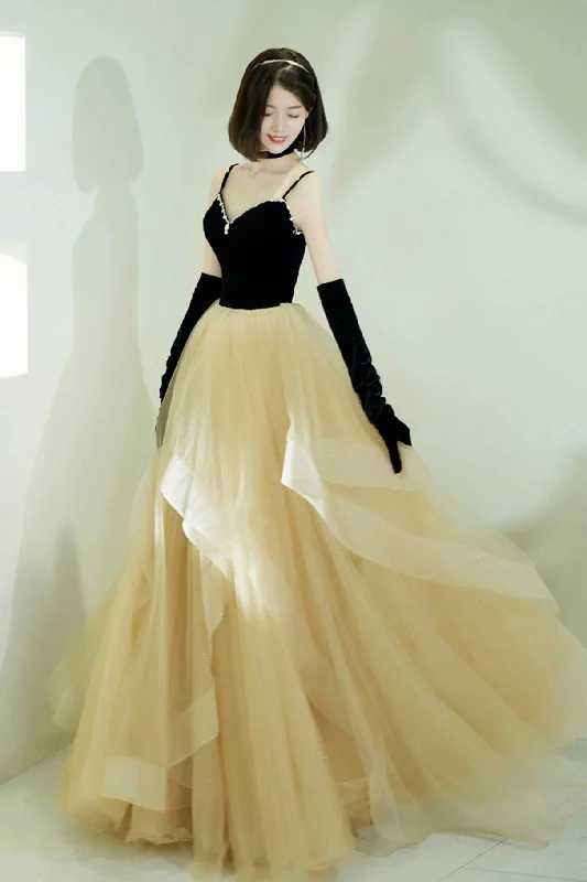 Today’s Deal Black Velvet and Champagne Long Spaghetti Strap Prom Dress