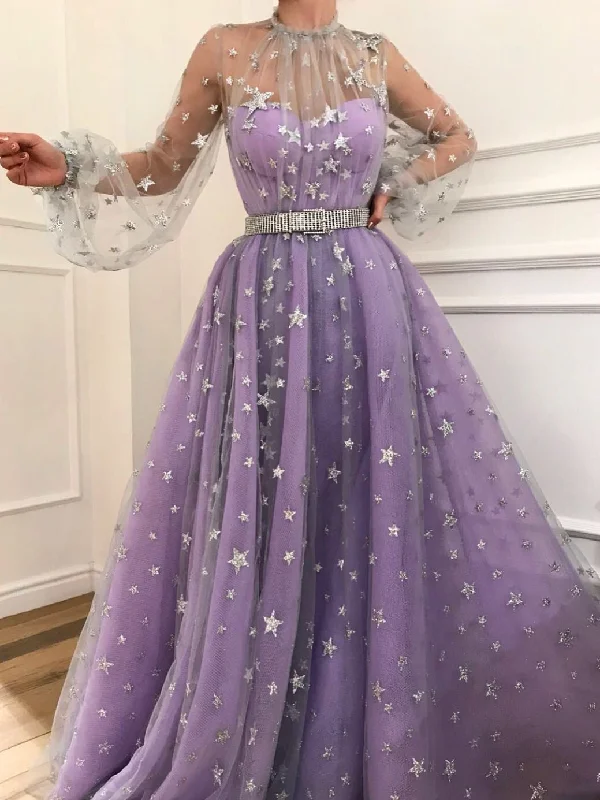 Discount Days Long Sleeve Prom Dresses High Neck A-line Sparkly Star Lace Lilac Long Prom Dress JKL1184 Discount Days Long Sleeve Prom Dresses High Neck A-line Sparkly Star Lace Lilac Long Prom Dress JKL1184
