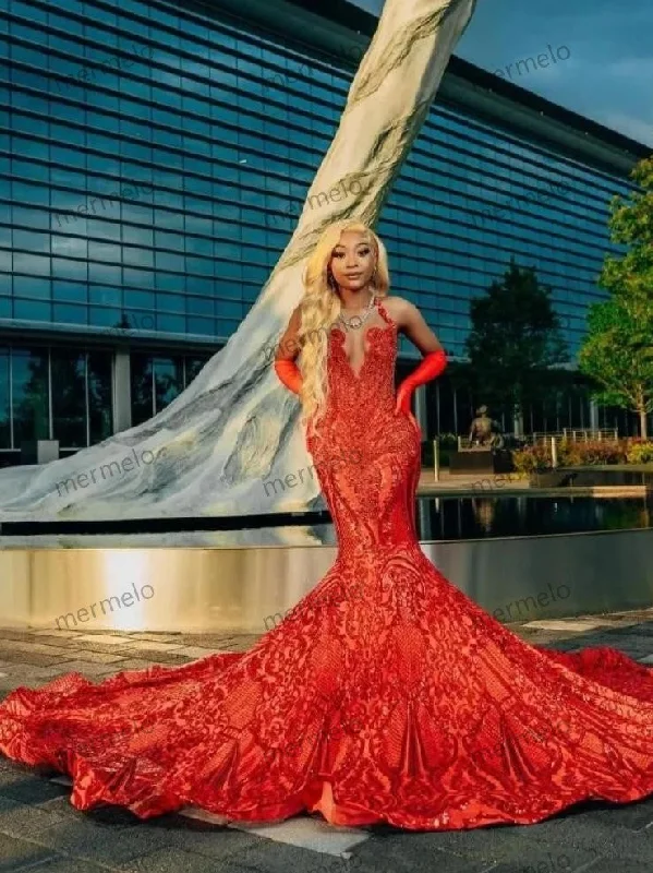 Sparkly Red Mermaid Long Prom Formal Party Dress for Black Girl Gillter Diamond Evening Birthday Dress Gala