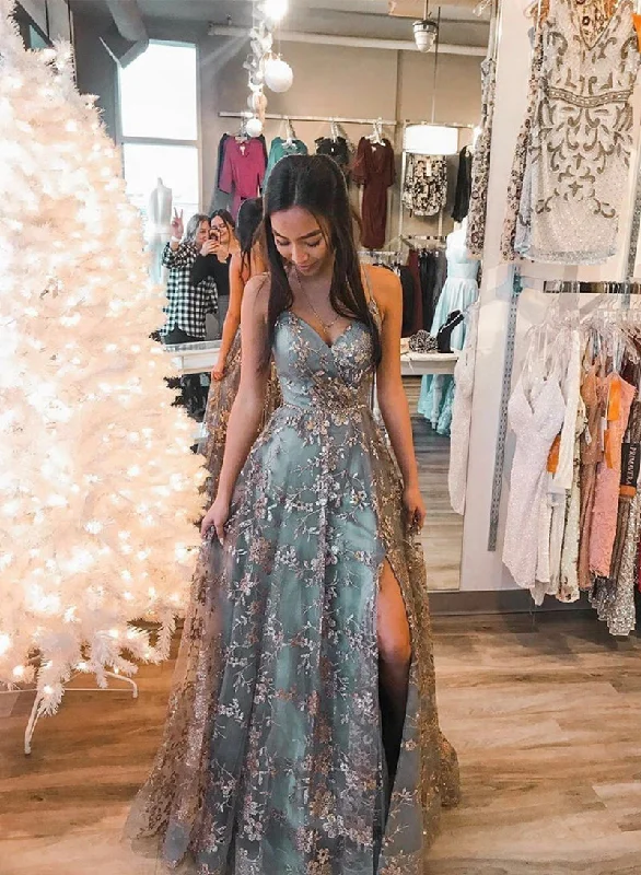 Savings Alert Stylish V-Neck Tulle Sequins Long Prom Dress, A-Line Backless Evening Dress