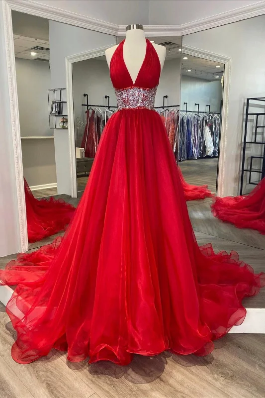 Year-End Sale Red Organza Beaded Long A-Line Prom Dress, Red Evening Dress