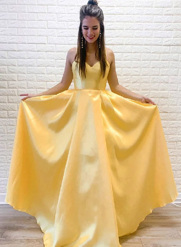 Closeout Yellow Spaghetti Strap Satin Long Prom Dress, Beautiful A-line Evening Party Dress