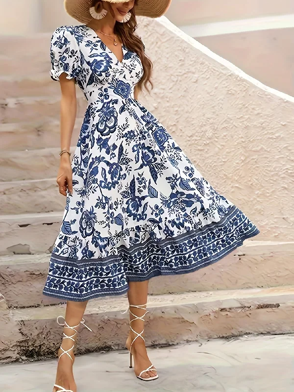 Final Markdown Floral Print V Neck Dress, Elegant Short Sleeve Dress