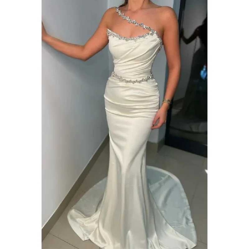 Sexy Strapless Evening Dresses Applique Trumpet Satin Formal Party