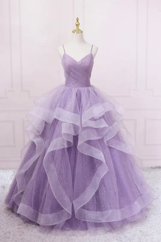 Price Smash Purple Tulle A-line Long Prom Dress, Purple Straps Formal Dress Party Dress
