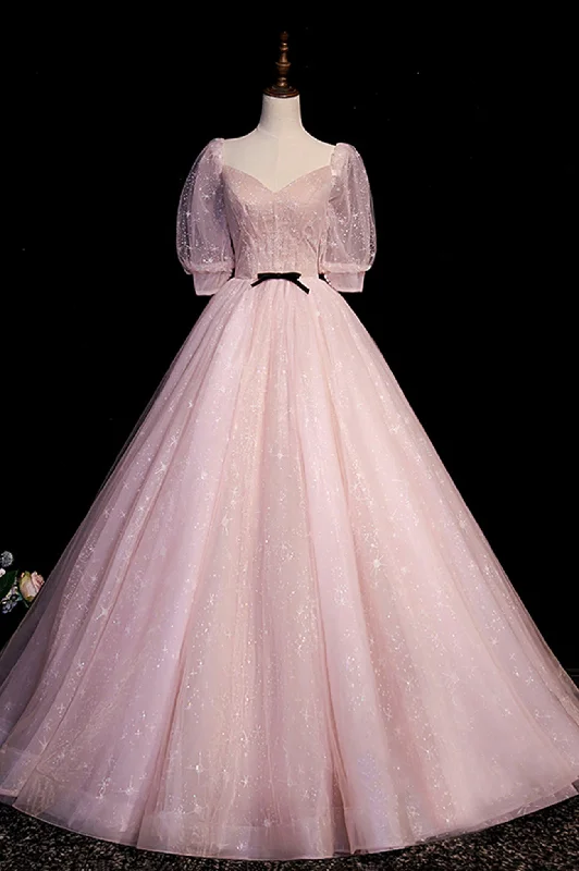 Midnight Madness Pink Tulle Long Prom Dress, Lovely Short Sleeve Evening Dress