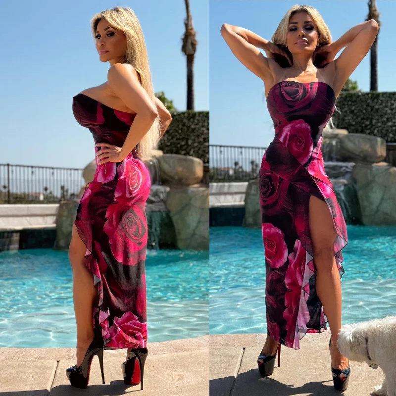Best Bargains ashionable dressConnie's ***LIMITED*** "Sophisticated ROSE Maxi" STRETCH MESH, Open Thigh, Strapless Perfection