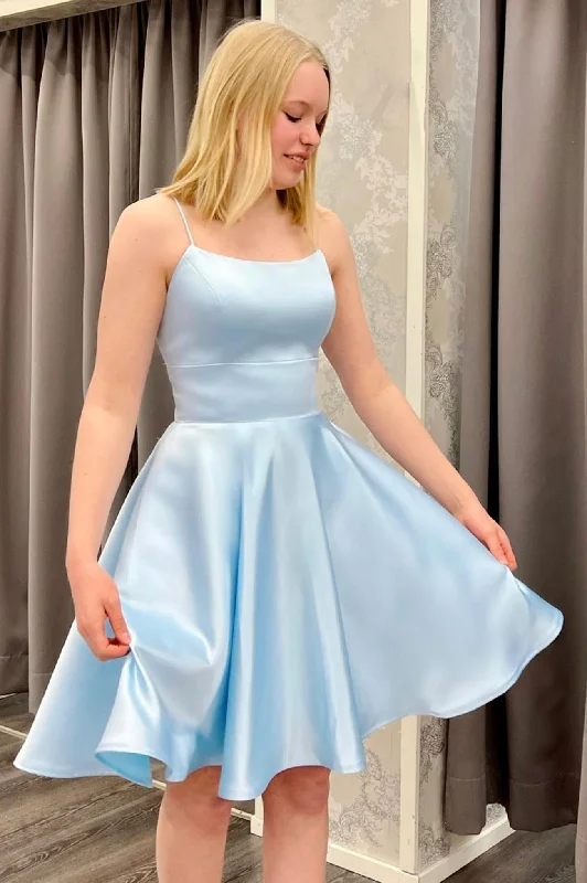 Exclusive Offers Blue Satin Short Prom Dress, A-Line Backless Evening Party Dress