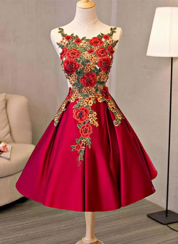 Bargain Prices Cute Satin Lace Short Prom Dress, A-Line Scoop Neckline Evening Party Dress