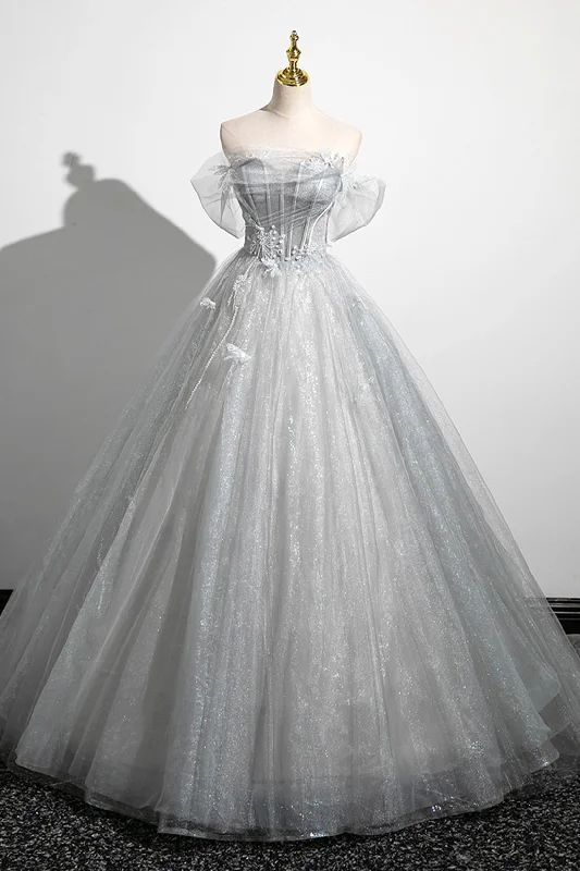 Season Finale Sale A-Line Off the Shoulder Tulle Prom Dress, Gray Corset Floor Length Party Dress