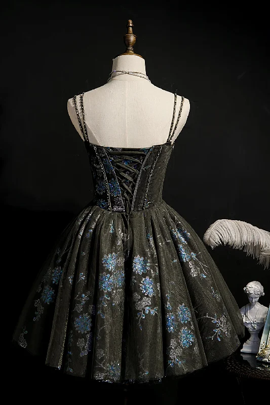 Blowout Sale Dark Grey Sequins Lace Up Ball Gown Tulle Homecoming Dresses