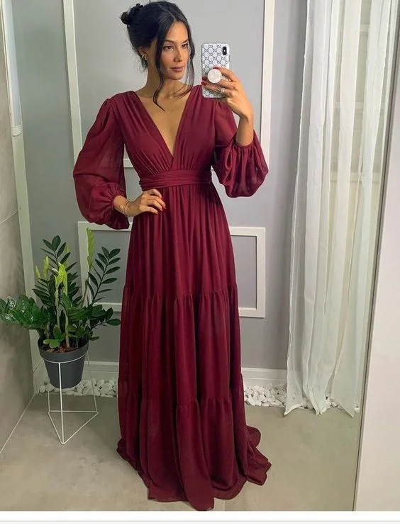 Sale Event luxury dressBurgundy Long Prom Dress, Formal Evening Graduation Dress Y5777