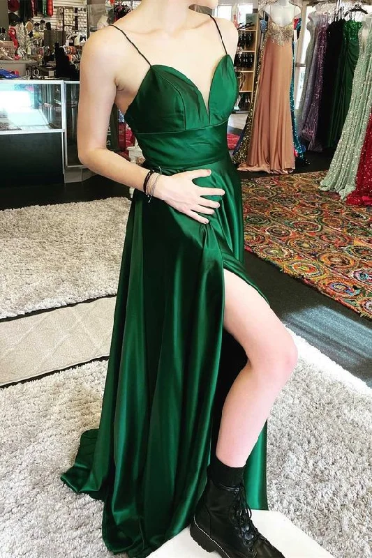 Limited Quantity elegant maxi dressGreen V-Neck Empire Waist A-Line Prom Dress with Slit Y5637