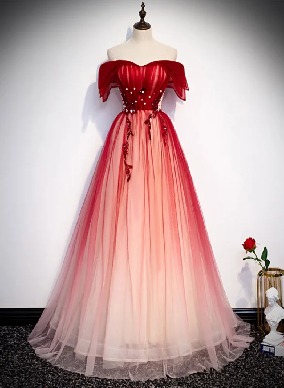 Super Deal Burgundy Tulle Long Prom Dress, Off the Shoulder Evening Dress