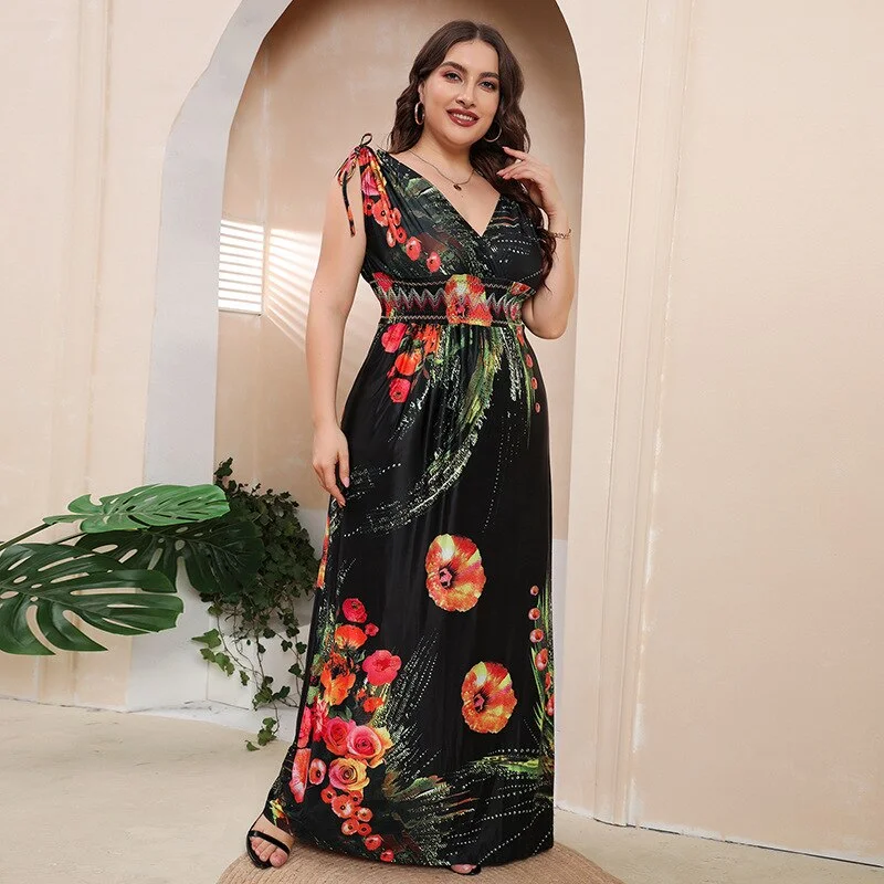 BerriesJam - Bohemian Floral V Neck Sleeveless Beach Maxi Dress