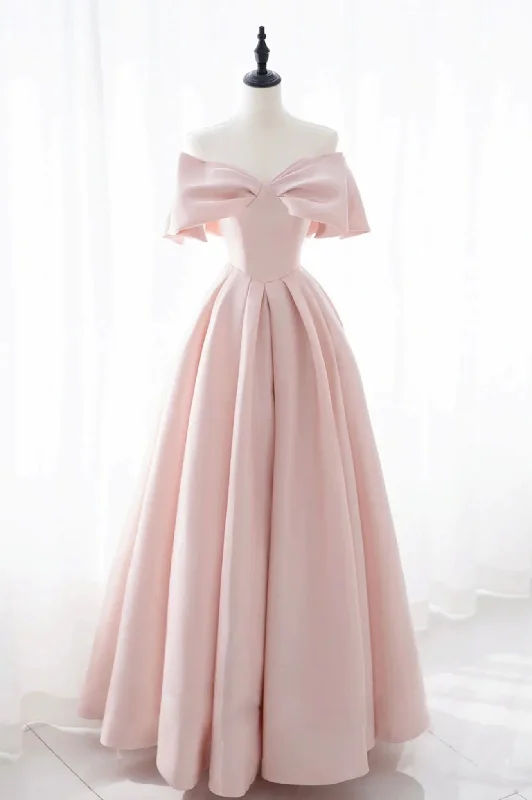 Flash Sale Pink Satin Off the Shoulder Floor Length Prom Dress