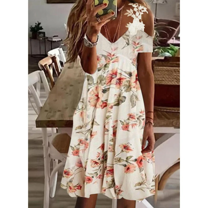 Closeout V Neck Ruffles Lace Off Shoulder Crochet Midi Dress