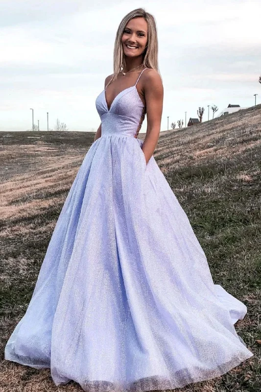 Closeout Sale Purple V-Neck Spaghetti Strap Tulle Long Prom Dress, A-Line Backless Evening Dress