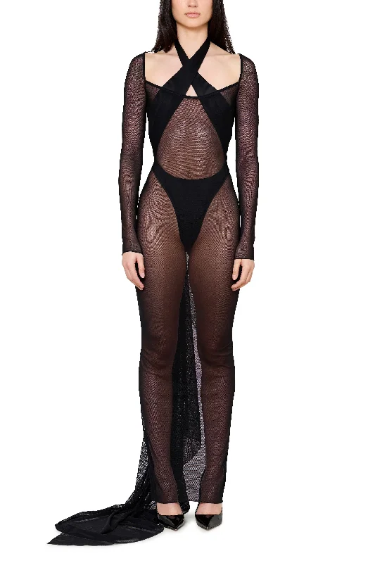 Amazing Deals Sheer Mesh Scoop Neck Gown with Asymmetrical Train