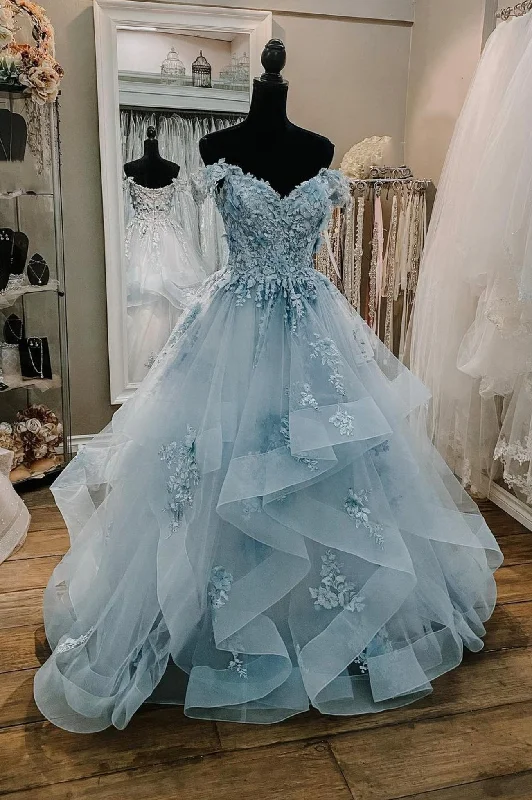 Blowout Deals Blue Tulle Lace Long Prom Dress, A-Line Off the Shoulder Evening Dress