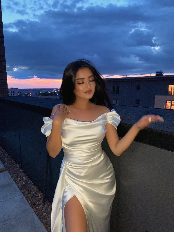 Savings Galore luxury dressOff The Shoulder White Satin Long Evening Dress,White Evening Gown,Y2514