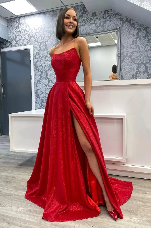 Super Sale Red Satin Long Prom Dress, A-Line Backless Evening Party Dress