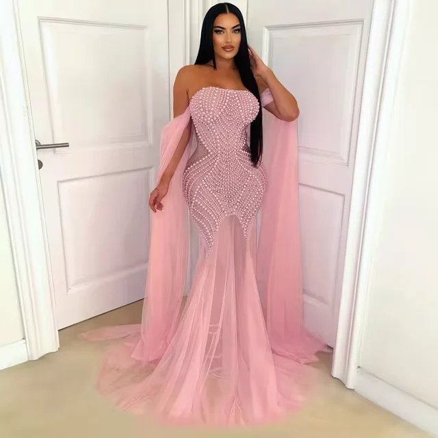Customer Appreciation Sale spaghetti strap dressWomen Pearl Strapless Mesh See Through Long Dresses Backless 2024 Summer Street Maxi Party Evening Mermaid Dress Vestido