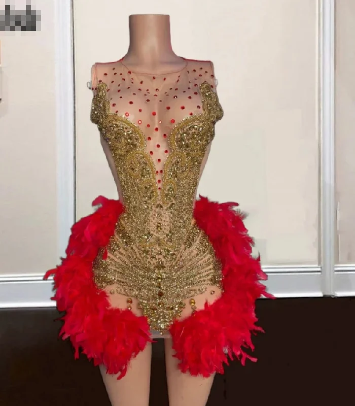 Luxury Gold Birthday Dresses With Red Feathers Diamond Short Prom Dress For Black Girls Party Gowns Vestidos De Gala