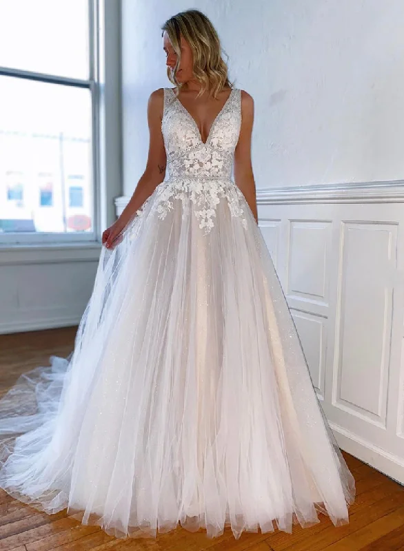 Today Only A-Line Tulle Lace Floor Length V-Neck Prom Dress