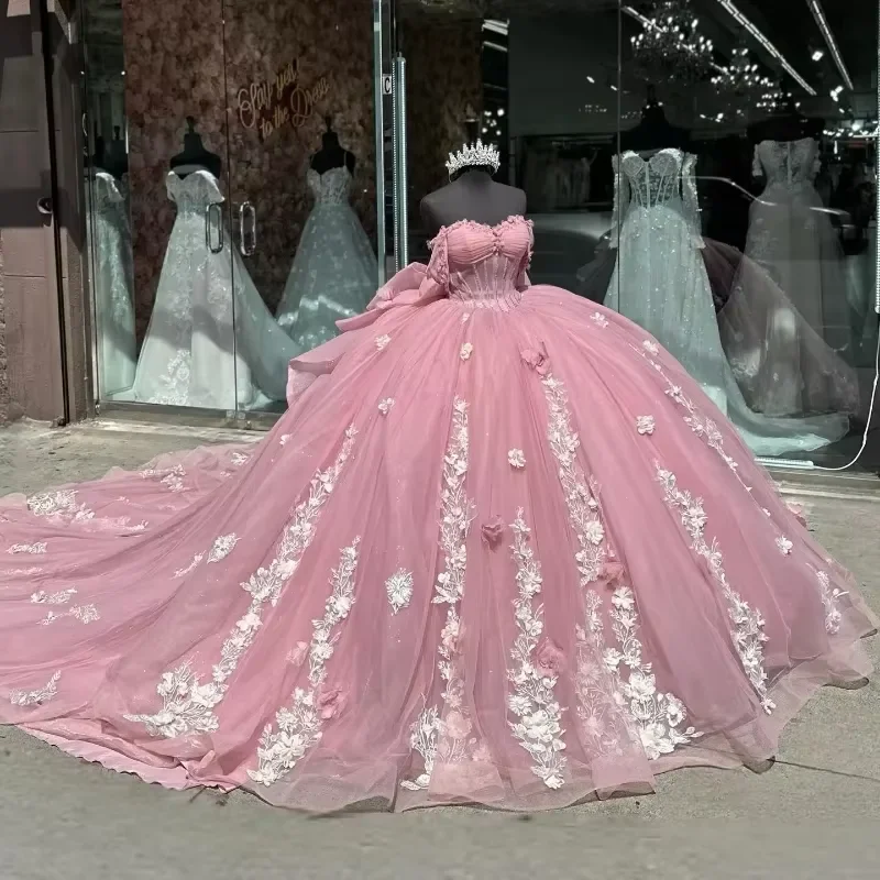 Shinning Girls Princess Pink Quinceanera Dress Pretty Floral Applique Beading Off Shoulder Mexico Corset Sweet 16 Vestido De 15