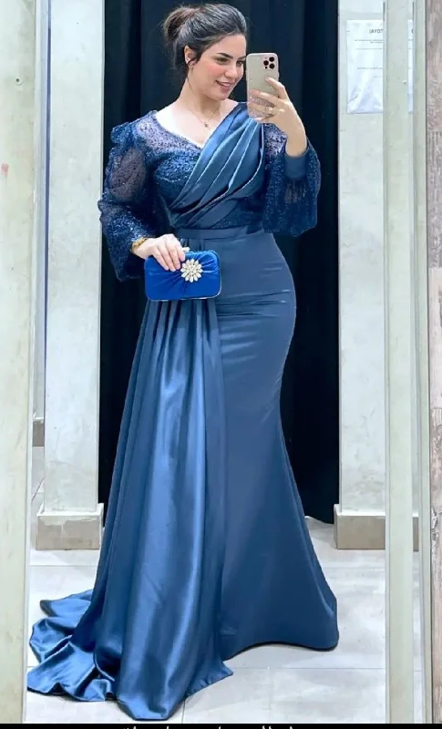 Elegant Mermaid Evening Dress for Women V Neck Long Sleeve Sweep Train Side Slit Pleated Wedding Party Formal Dress Y4957