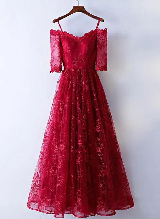New Markdowns Burgundy Lace Floor Length Prom Dress, Burgundy Evening Party Dress