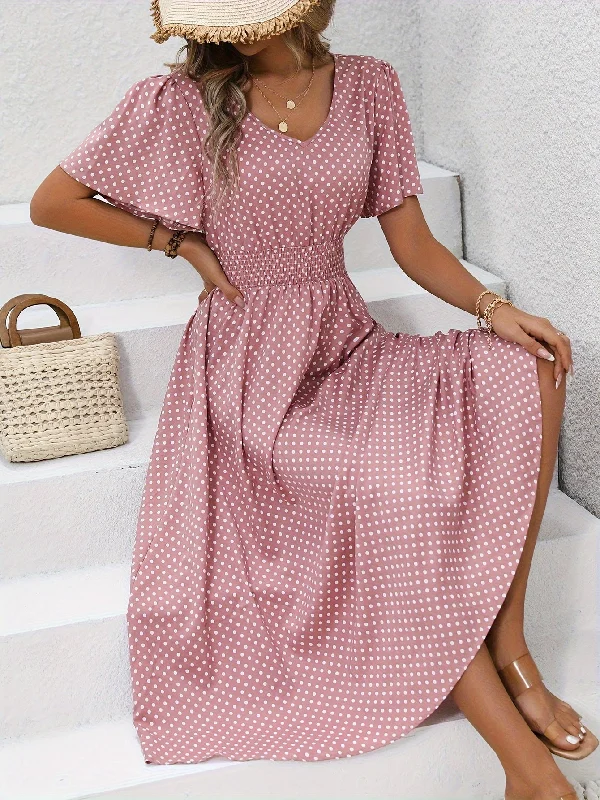 Final Clearance Allover Print Shirred Waist Dress, Casual Short Sleeve Dress