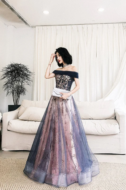 Discount Days Blue Tulle Off the Shoulder Prom Dress with Sequins