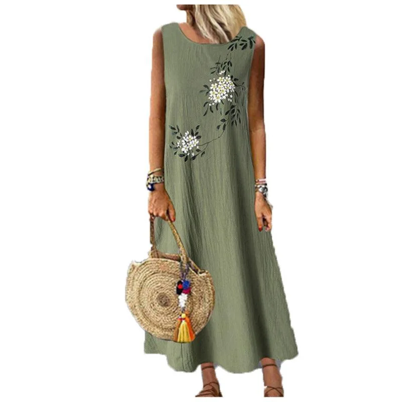 Final Clearance ruffle dressCotton Linen Round Neck Sleeveless Printed Vest Dress